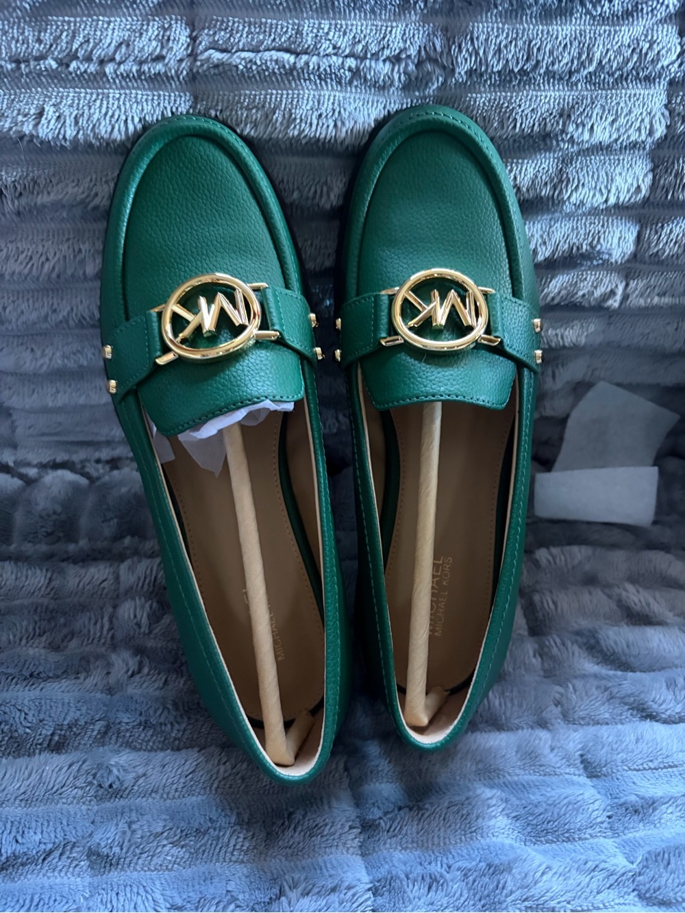 Michael Kors Green Leather Logo Bit Loafers with Gold Hardware
